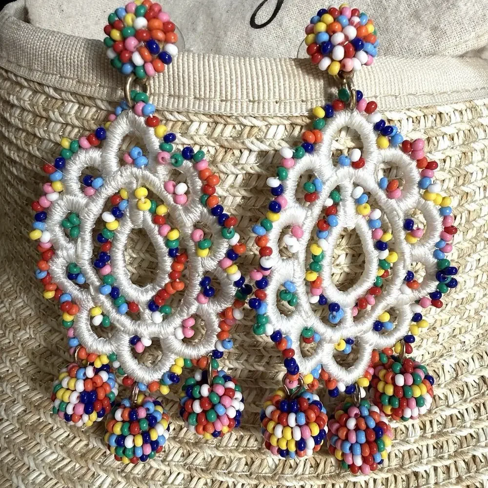 J.Crew Multicolored Glass Seed Bead Crochet Medallion Statement Dangle Earrings